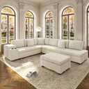 KEIKI 110" L-Shaped Oversized Plush Corduroy Modular Sectional Sofa with Pull-Out Bed, Convertible 6-Seater Sleeper Couch Bed with 1 Ottomans & USB & Cup Holders, Easy Assembly, for Living Room, Beige