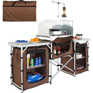 VEVOR Camping Kitchen Table, Folding Outdoor Cooking Table with Storage Carrying Bag, Aluminum Cook Station 3 Cupboard & Detachable Windscreen, Quick Set-up for Picnics, BBQ, RV Traveling, Brown