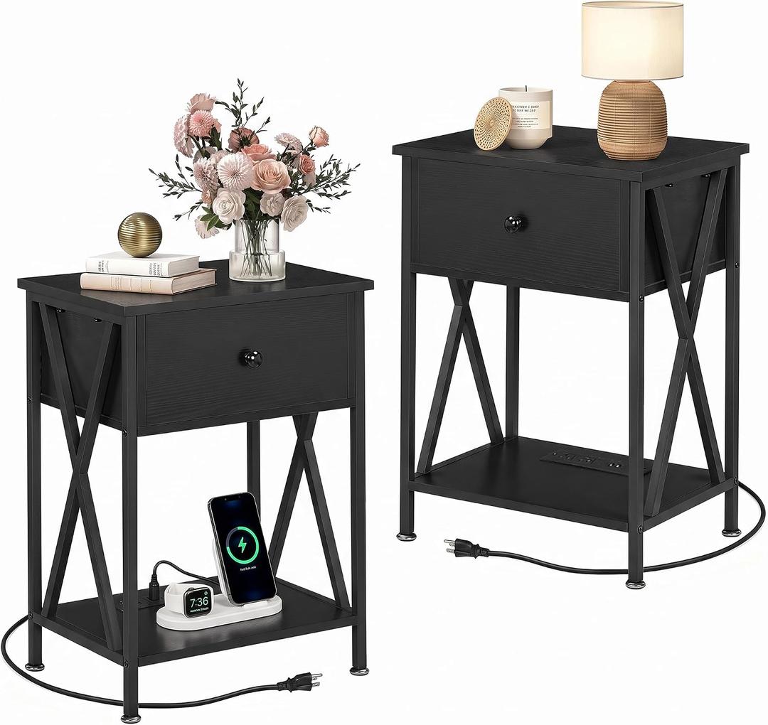 VECELO Nightstand Set of 2,End Tables with Charging Station,Bed Side Table with Open Shelf &USB Ports & Outlets,Small Dresser for Bedroom, Living Room,Black, 2-Pack