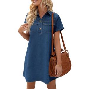 Wenrine Women's Short Sleeve Denim Dress Button Down Collared Loose Fit Summer Casual Jean Shirt Mini Dresses (Blue), XL