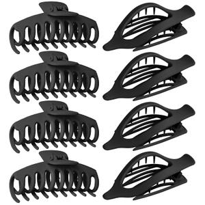 Flat Hair Claw Clips: 8 Pack 4.3 Inch Neutral Black Matte French Concord & Large Round Clip Set for Women with Thick/Thin Hair, Non-Slip Extra Hold Jaw Clips for Lay Down/Drive/Daily Use