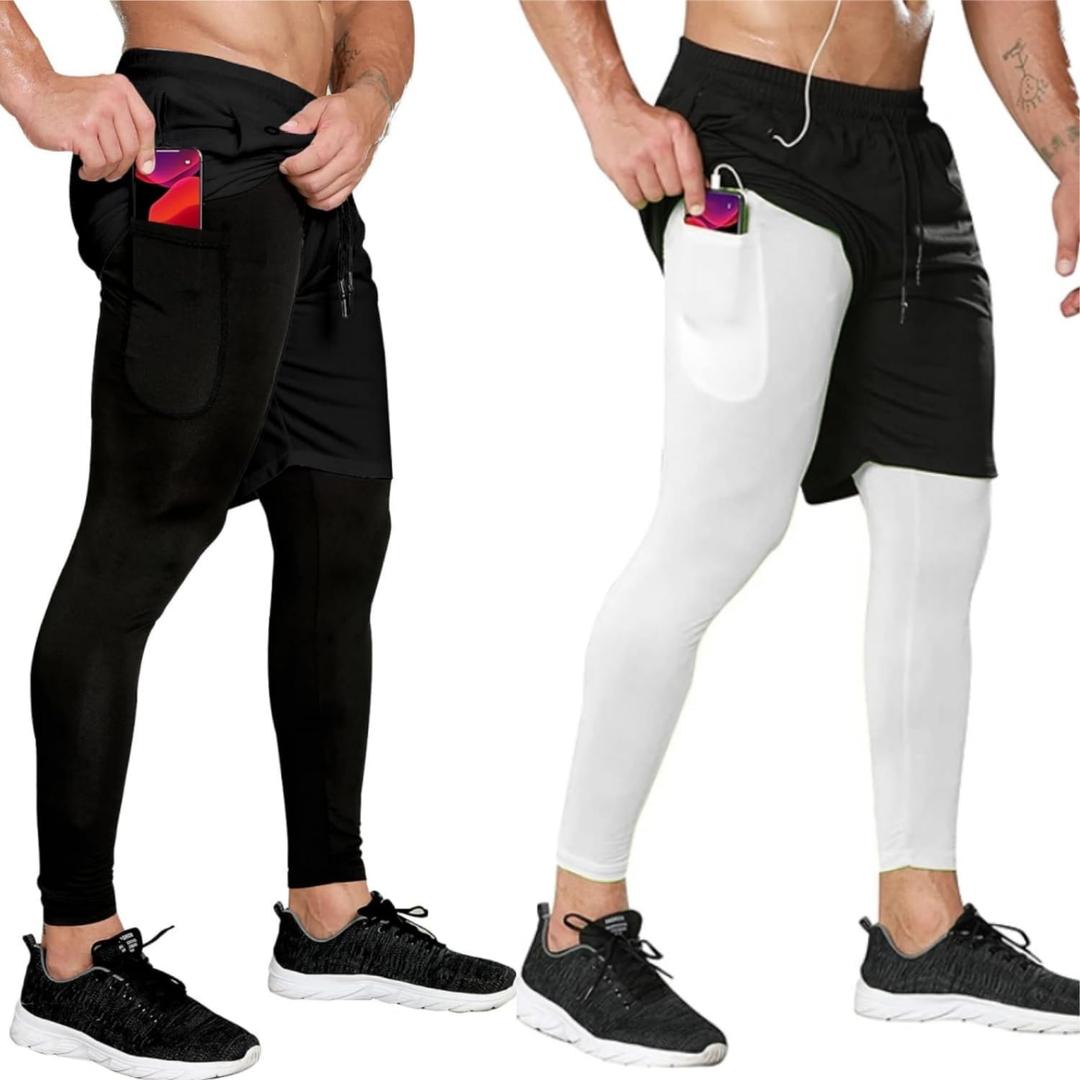 OEBLD Mens 2 in 1 Athletic Running Pants Quick Dry Gym Workout Shorts for Men Compression Pants with Pockets (X-Large, Black/White)