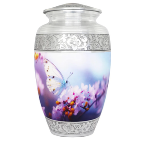 Urn for Ashes for Women or Man, Cremation Urns for Human Ashes Adult Female and Male, Funeral Decorative Urns, Burial Urn, Hand Engraving, Blue Butterfly & Pink Flower - Large Full Size