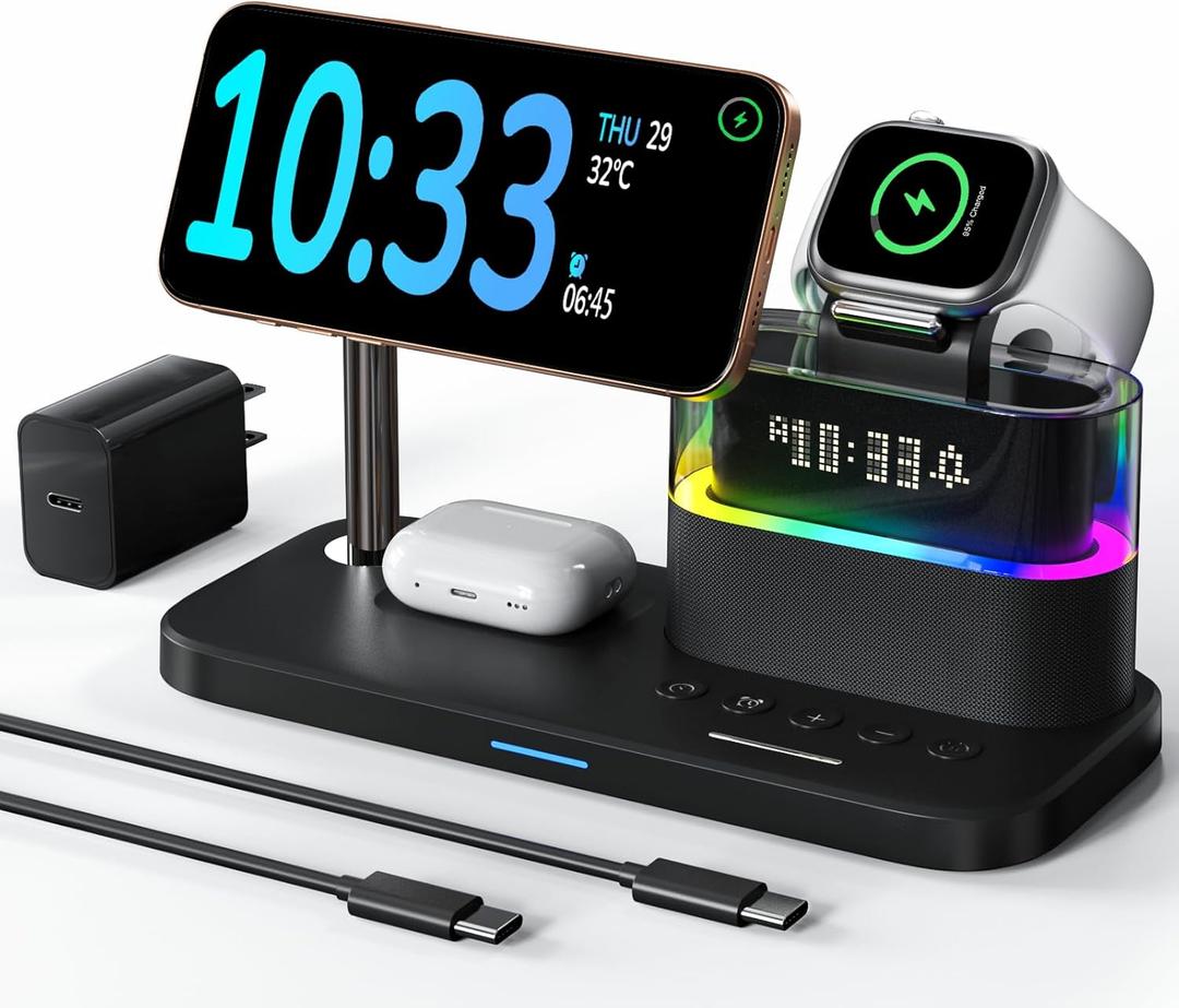 5 in 1 Wireless Charging Station for Apple,Mag-Safe Charger with Alarm Clock Night Light for Multiple Devices,Nightstand Charging Station for iPhone 17/16/15/14/13/12,Apple Watch Series,Air-Pods (Black)