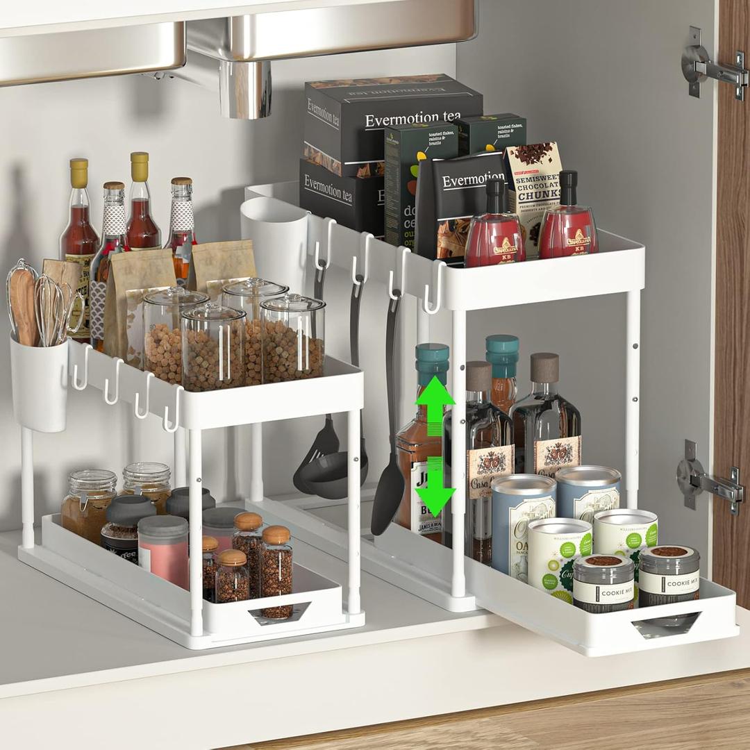 seasky Under Sink Organizers and Storage 2 Pack, 2 Tier Adjustable Height Sliding Bathroom Organizer, Kitchen Organizer Multipurpose Under Sink Cabinet Storage with 8 Hooks and 2 Hanging Cup