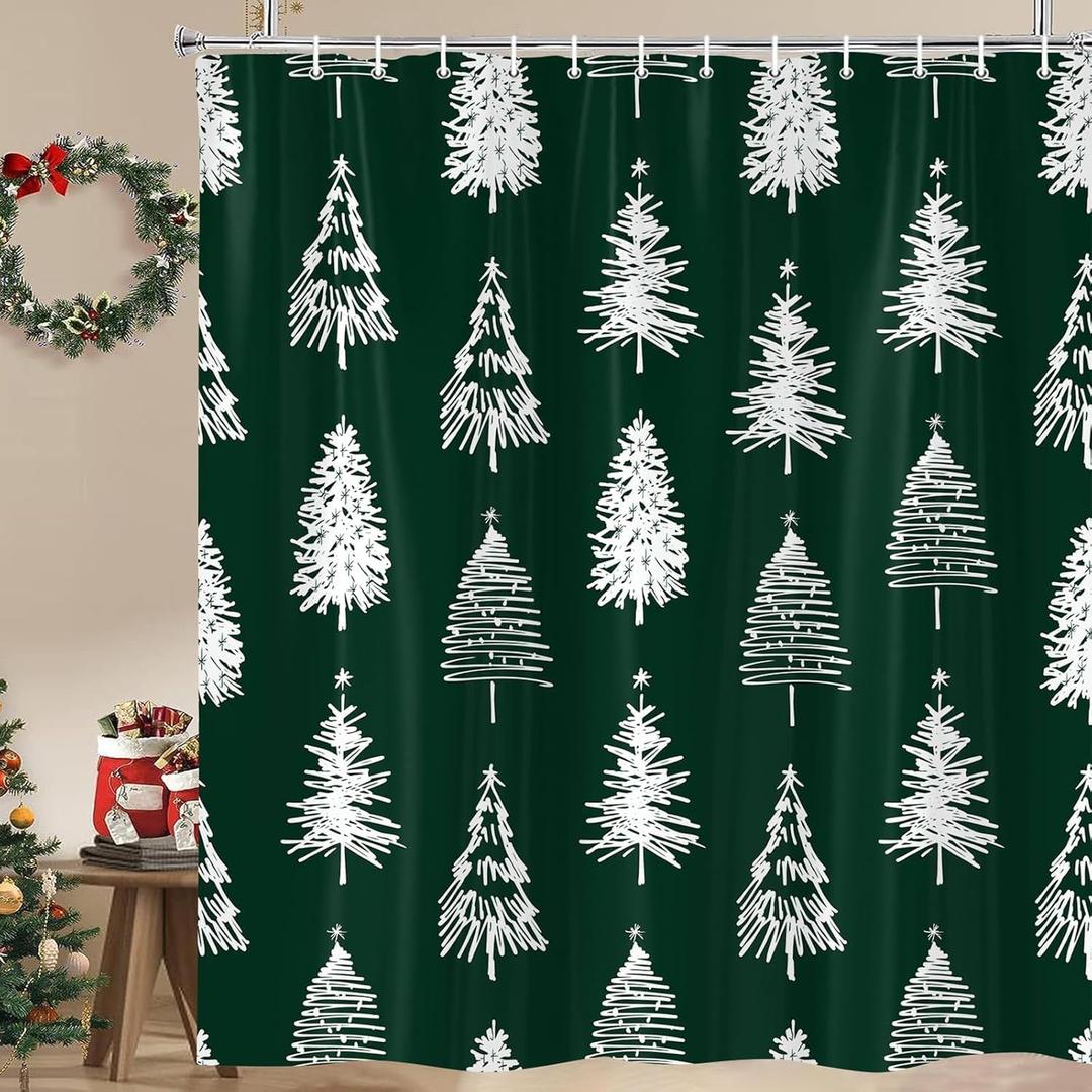 Christmas Tree Shower Curtain Green Background Bathroom Decorative Curtains, Winter Holiday Festival New Year Xmas Trees Shower Curtains, Waterproof Fabric Bathtub Curtains with Hooks 72"x78"