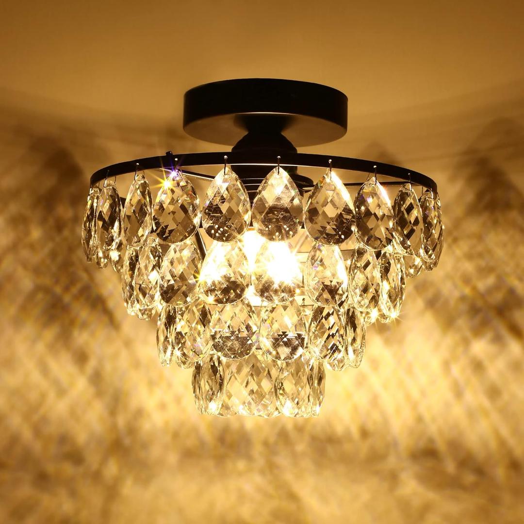 Luupyia Mini Crystal Chandelier Ceiling Light Small, Modern Crystal Ceiling Light for Hallway Overhead Fixtures Semi Flush Mount Mini Black Chandelier for Bedroom Hall Living Room Hallway