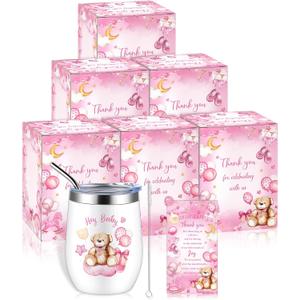 Hoolerry 6 Set Baby Shower Game Prizes 12 oz Insulated Stainless Steel Tumbler Cup with Lids, Straws, Cleaning Brush, Cards & Gift Boxes Return Gifts for Guests(Pink,Pink Bear)