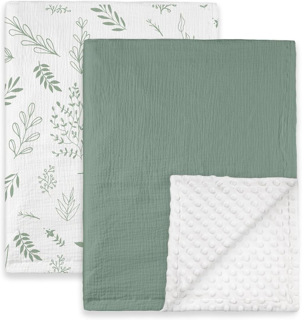 GLLQUEN BABY Blankets for Unisex Boys Girls, 2-Pack Muslin Cotton Front Soft and Breathable, and Dotted Fleece Backing, Nursery Minky Blankets for Toddler Newborn, Green Leaves,30 x 40 inches