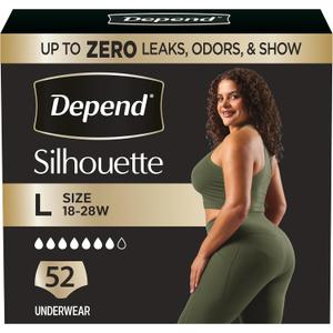 Depend Silhouette Adult Diapers, Incontinence & Postpartum Bladder Leak Underwear for Women, Maximum Absorbency, Large, Pink, 52 Count (2 Packs of 26)