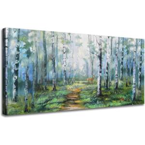 Enartly Landscape Wall Art Large Living Room Bedroom Wall Decor White Birch Tree Canvas Green Forest Painting Nature Picture Scenery Artwork Textured Framed for Bathroom Home Office Decoration 40"x20"