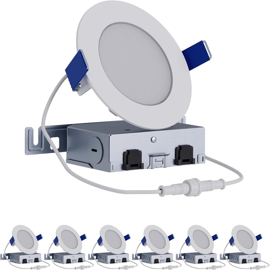 HALO 4 inch LED Recessed Ceiling Light 6-Pack Canless Dimmable with Selectable Lumens and Selectable Color Temperature 2700K-5000K Indoor Outdoor Wet Location Airtight Ultra Slim HLB4LSFS5-6PK
