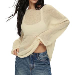 Cioatin Women Oversized Long Sleeve Sheer Mesh Knit Sweater Tops Y2K Summer Loose Hollow Out Pullover Jumper Shirt Beach Apricot, Small (S)