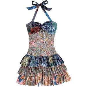 WDIRARA Women's Paisley Floral Boho Ruffle Layered Halter Dress Twist Front Tie Backless A Line Mini Dresses (Medium, Multicolor)