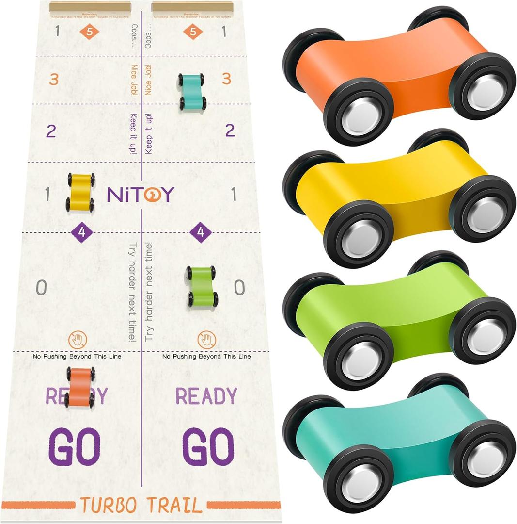 Board Games for Kids Wooden Cars Mini Racers Toy Shuffleboard 2-4 Players, Family Fun Kids Games, Portable Wooden Tabletop Game Mini Race Car Track Toy Set for Game Nights, Parties, Travel