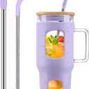 32 oz Glass Tumbler with Straw and Lid, Glass Water Bottles with Time Marker, Silicone Protective Sleeve - Purple