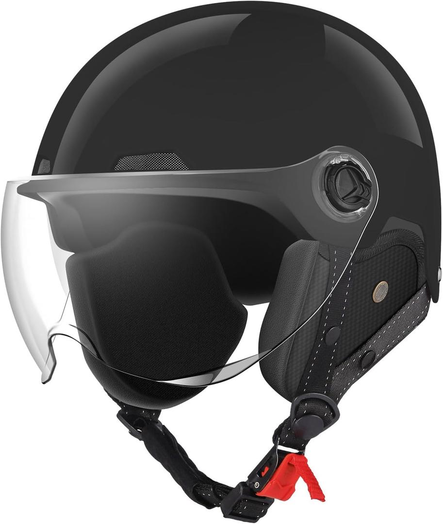 Motorcycle Helmet DOT Certified, German Style Half Helmet Electric Bike Scooter with Windshield Glasses Cool Retro Helmet for Men and Women