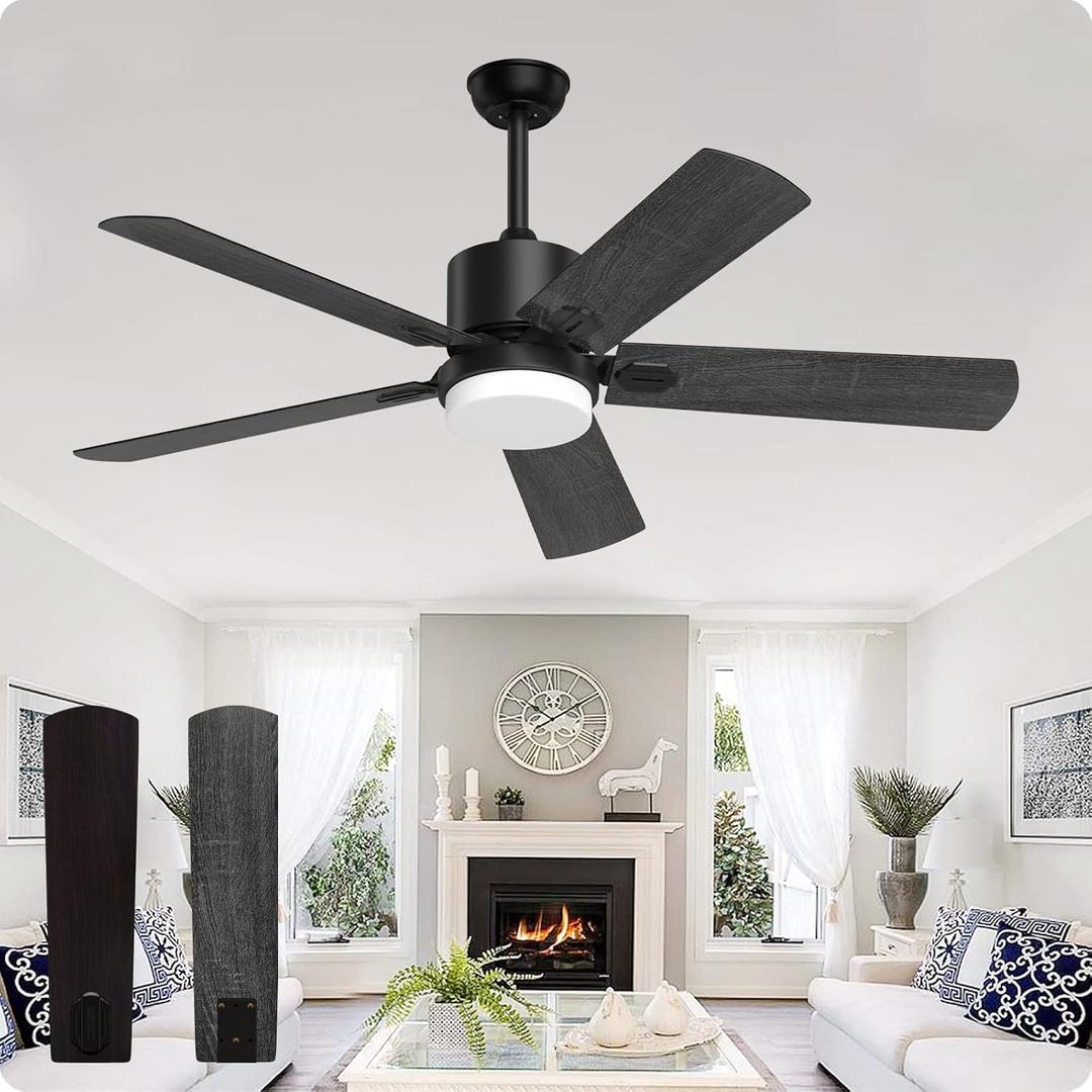 Ceiling Fans with Lights Black Outdoor Ceiling Fan 52 Inch Ceiling Fan and Remote Control 3 Colors LED Light 6 Speeds Wind Adjustable DC Motor Reversible for for Bedroom Living Room Patio (Walnut+Black)