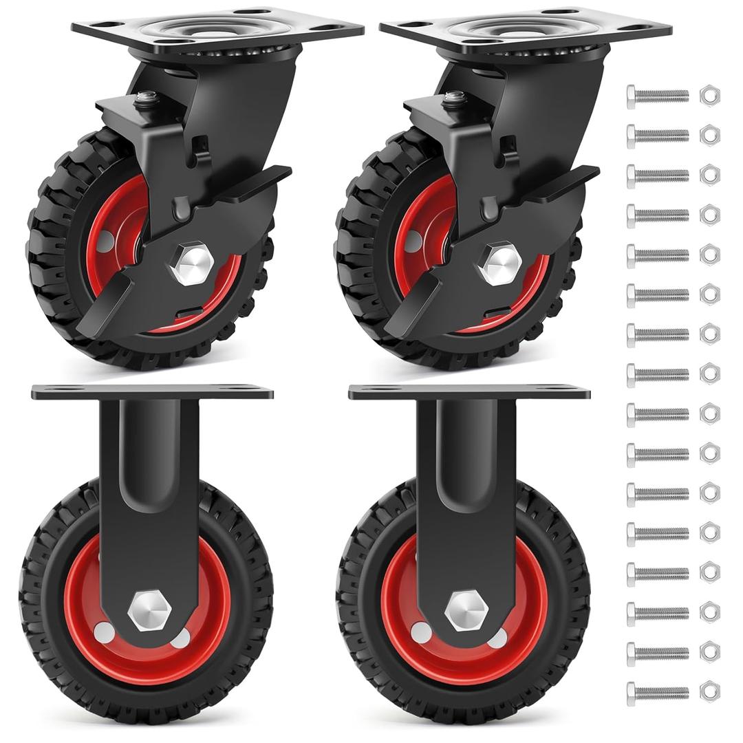 Nefish 5 Inch Heavy Duty Casters Set of 4, Solid Rubber Outdoor Casters Wheels, Industrial Grade Rubber Castors with Knobby Tread for Cart, Wagon and Chicken Coop (2 Brake & 2 Rigid)