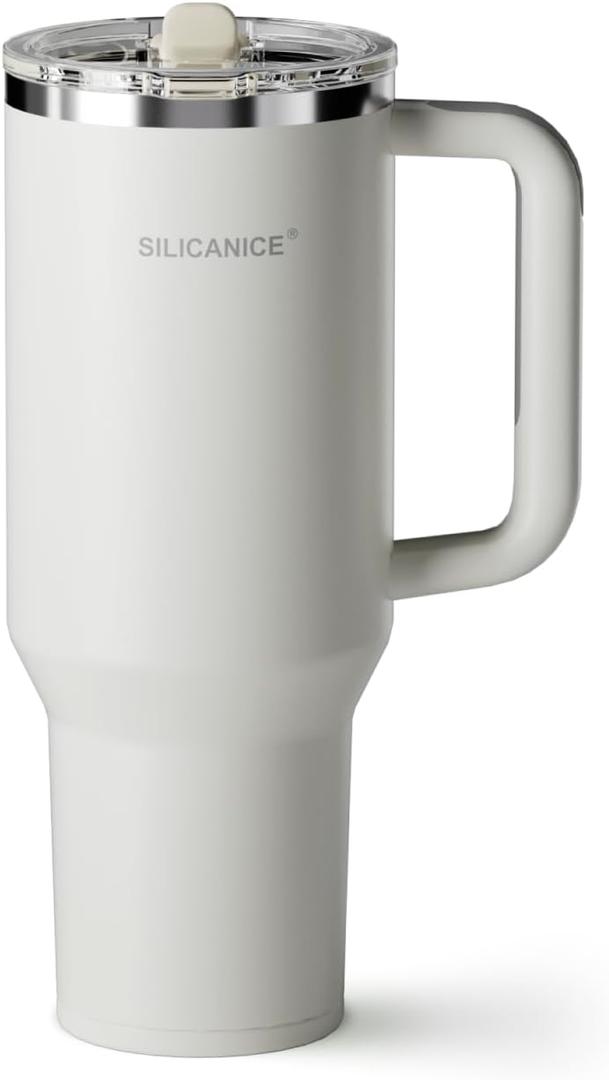 40 Oz Insulated Tumbler with Detachable Flip Straw Lid, Vacuum insulated Stainless Steel | BPA-Free, Handle & Cupholder Compatible - 24H Cold, Travel/Gym/Office,Cream