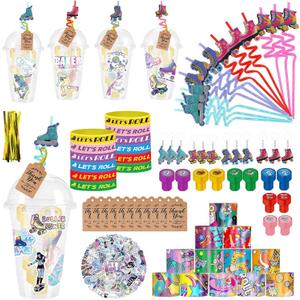 146 PCS Roller Skate Party Favors Skating Party Supplies with Drinking Straws Cups Slap Bracelets Keychains Gift Tags Stamps Stickers Twist Ties for Hip Hop Disco 80s 90s Party Decorations