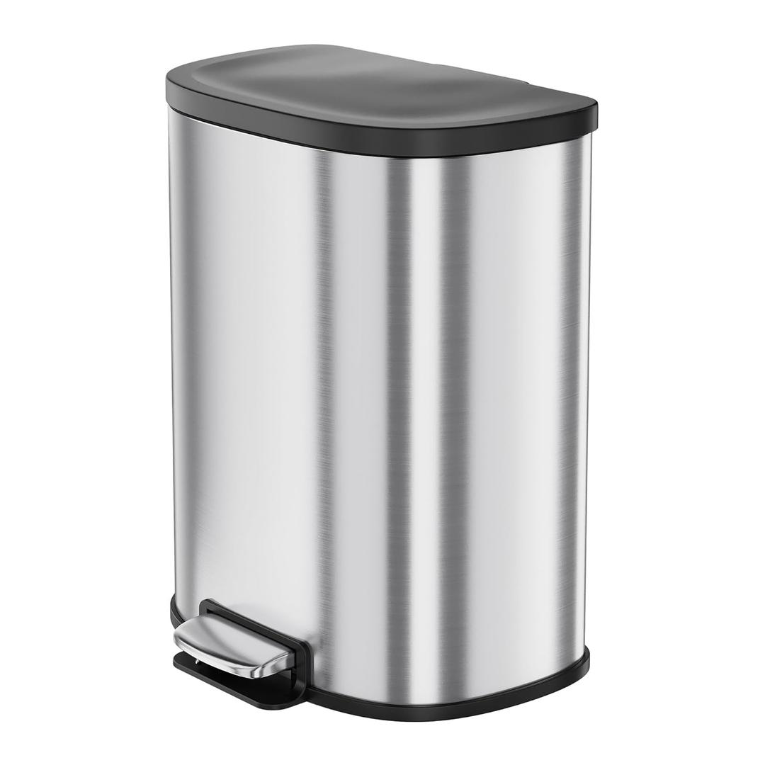 GarveeHome D Shape Kitchen Trash Can 50L/13.2 Gal, Smudge Resistant Step-On Garbage Can with Lid, Stainless Steel Trash Bin with Removable Buckets, Soft-Close Lid (Silver)