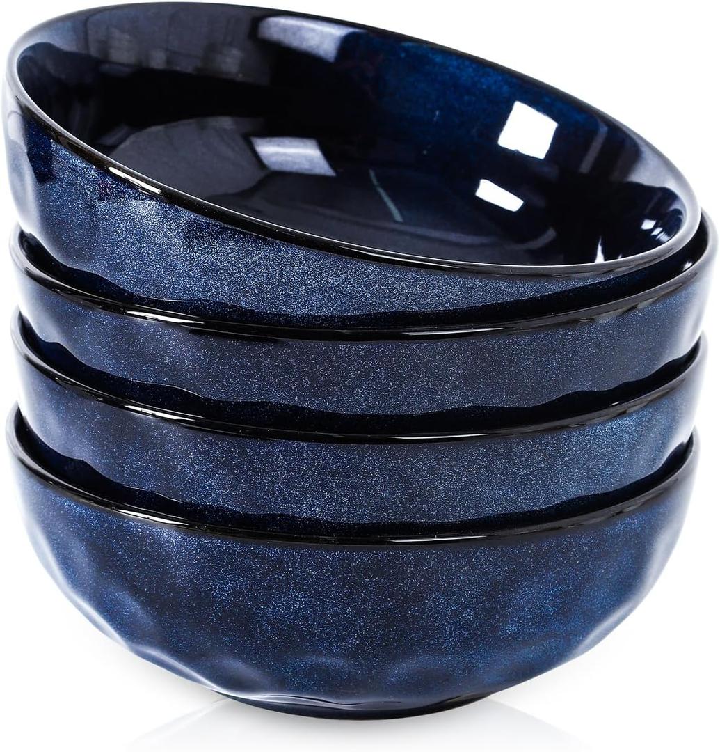 vicrays Ceramic Salad Bowls Set for Kitchen, Serving - 32 Ounce Soup Bowls, Pasta Bowls, Chip Resistant, Dishwasher Microwave Safe, Large, Fluted, stoneware, Set of 4 (Blue)