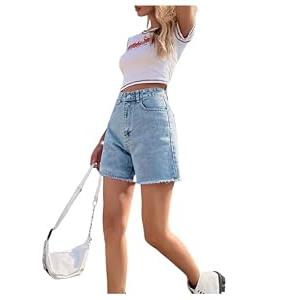 SHENHE Women's High-Waisted Raw-Edged Denim Shorts Casual Summer Straight-Leg Wide-Leg Pants Light Wash XL