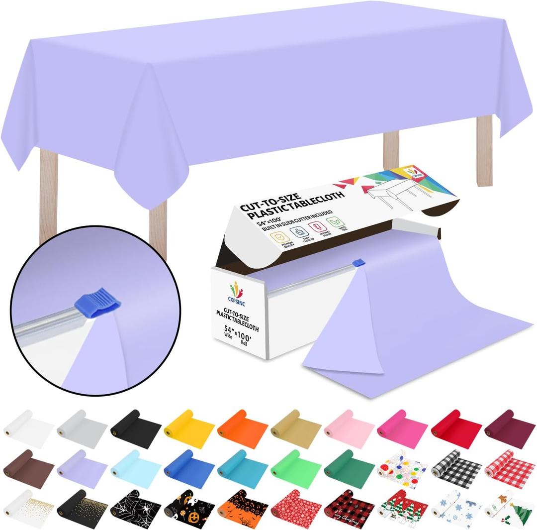 CXPSINC 54 Inch X 100 Feet Plastic Table Cover Roll Disposable Tablecloth with Slide Cutter for All Type/Shape Tables | Picnic, Party, Banquet, Birthdays, Weddings (Purple, 100 Feet) (1200" x 54" (Rectangular))