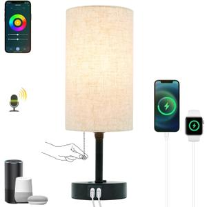 Smart Table Lamp Work with HomeKit, Siri, Alexa, Google Assistant, Smart Beside Nightstand Lamp with AC Outlet & USB A+C Charging Ports, Ambiance Color Changing Bed Table Lamp for Bedroom