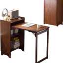 Bamboo Folding Desk with Storage Shelves, Space Saving Mid Century Modern Bookcase with Drop Down Table, Hide Away Desk for Home Bedroom Study Office