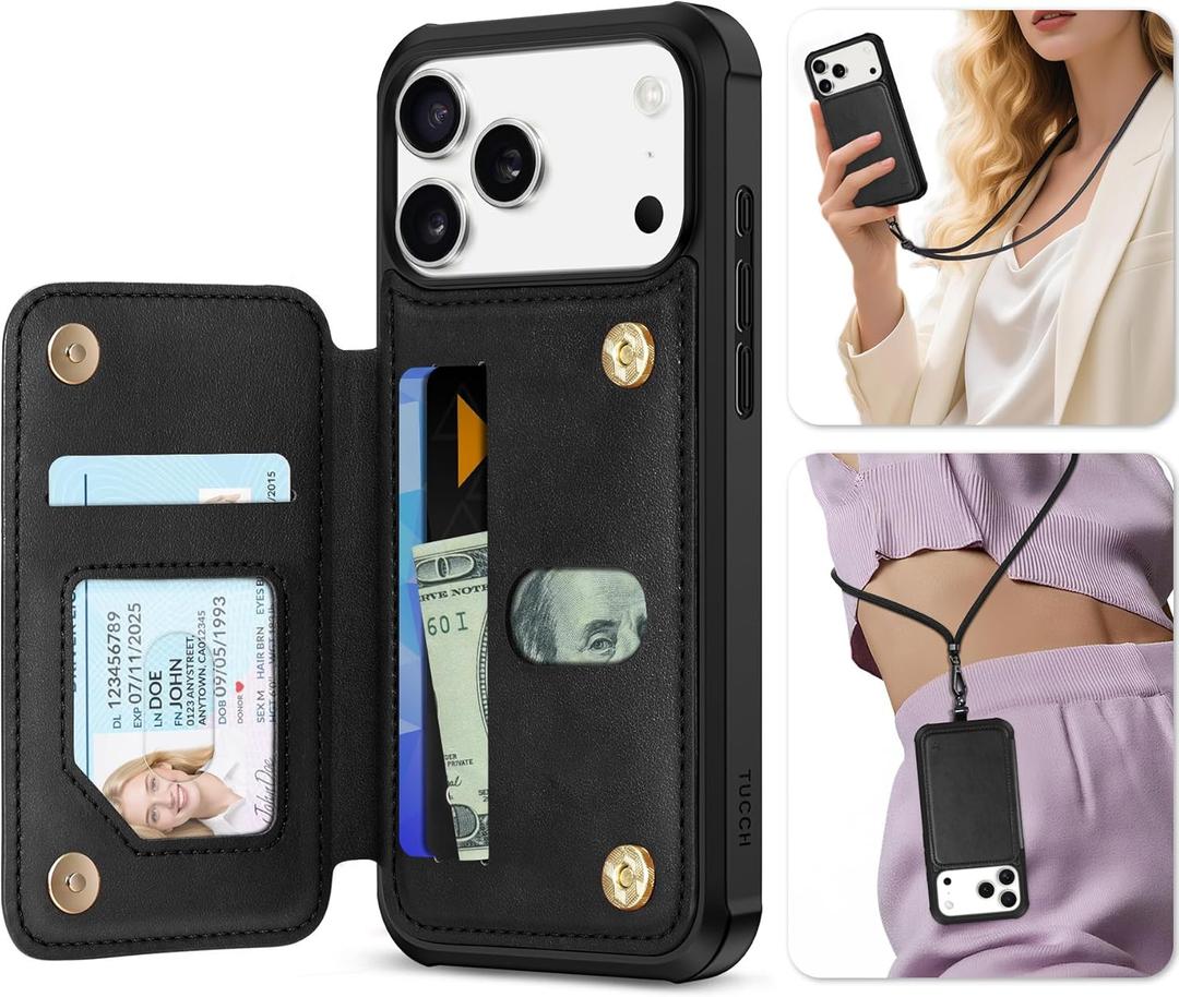 TUCCH Card Case Wallet for iPhone 17 Pro Max (6.9") 2025, RFID Blocking 3 Card Slots | Crossbody Lanyard Strap | Clear ID Window | Undetachable | Magnetic PU Leather Shockproof Phone Cover | Black