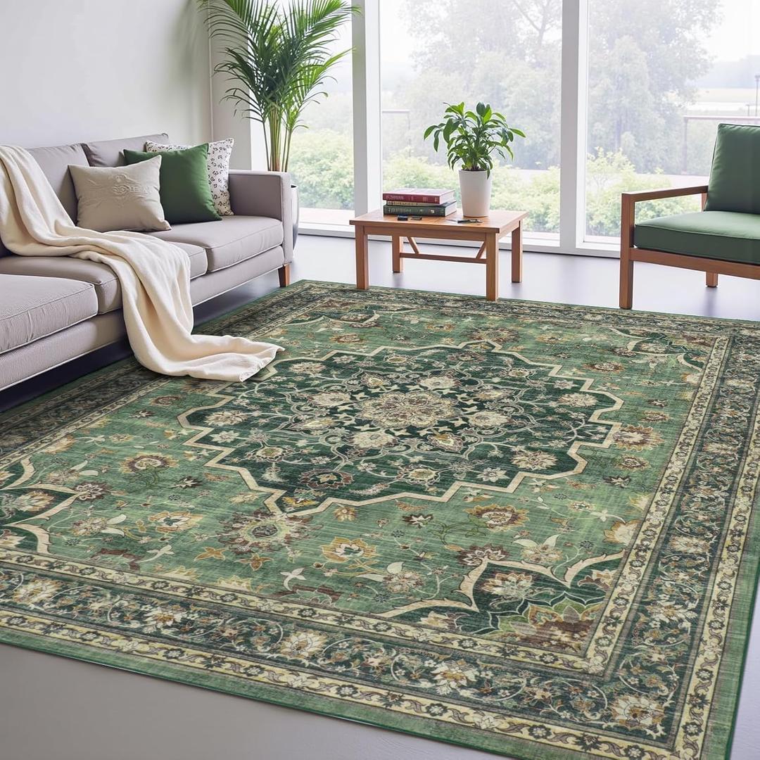 Rugs for Living Room, Lightweight Low Pile Area Rug with Non-Slip Backing Soft Carpet for Bedroom Dining Room Home Office Machine Washable Stain-Resistant Vintage (Forest Green, 8'  10')