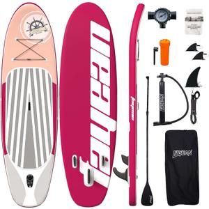Inflatable Stand Up Paddle Board Non-Slip Deck, 11336 Complete SUP Accessories for All Skill Levels, Wide Seat & Safety Leash, 3 Fins, Adjustable Paddle, Pump & Carrying Backpack (Rose)