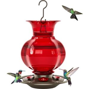 Auslar Hummingbird Feeder, Red Glass Hummingbird Feeders for Outdoors Hanging with Ant Moat, 5 Simulation Flowers Feeding Ports, 23 Ounces, Rustproof, Fade Proof, Pomegranate Shape