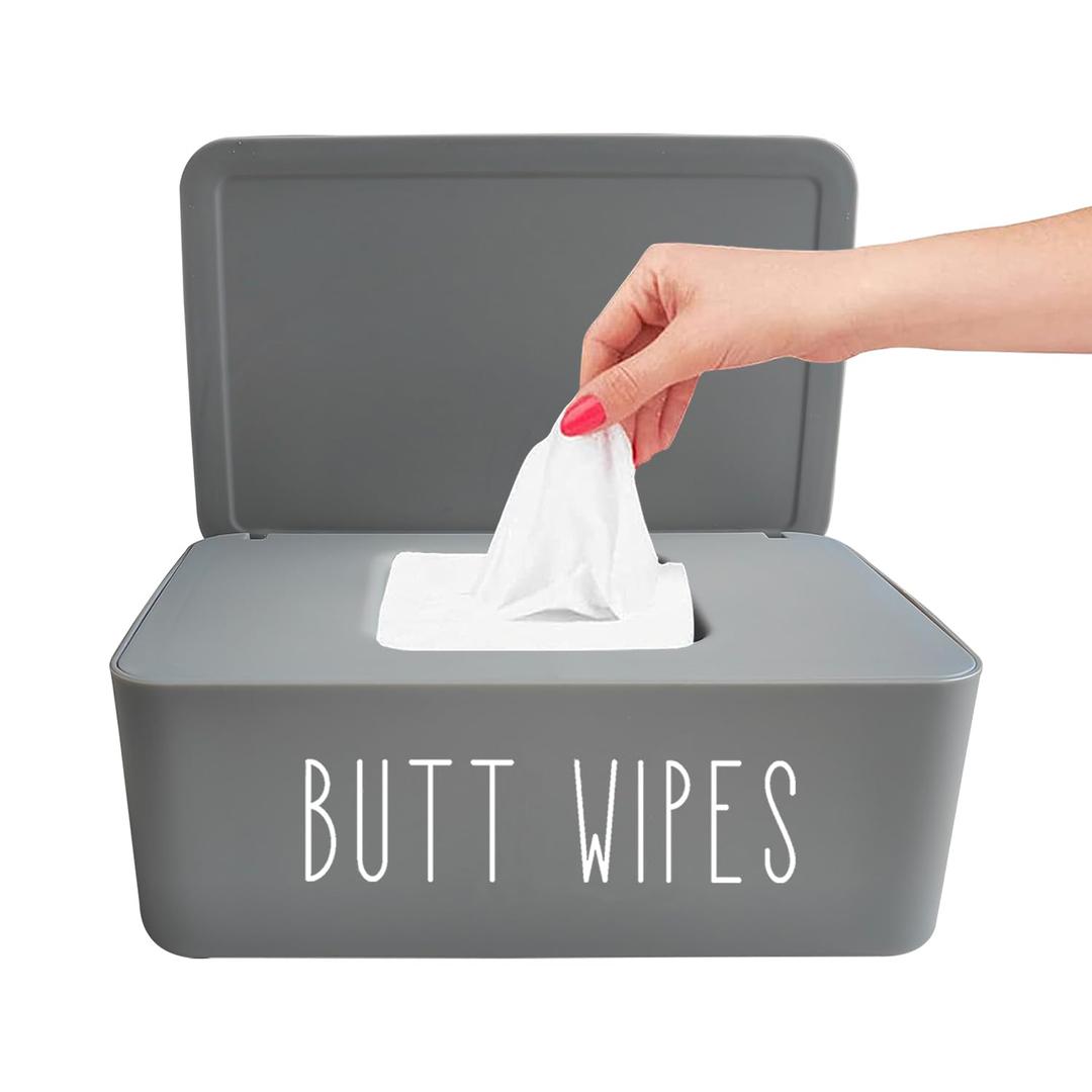 Butt Wipes Dispenser 7.28" L * 4.80" W * 2.75" H, Bathroom Flushable Baby Wipes Container Holder Nursery (Grey)