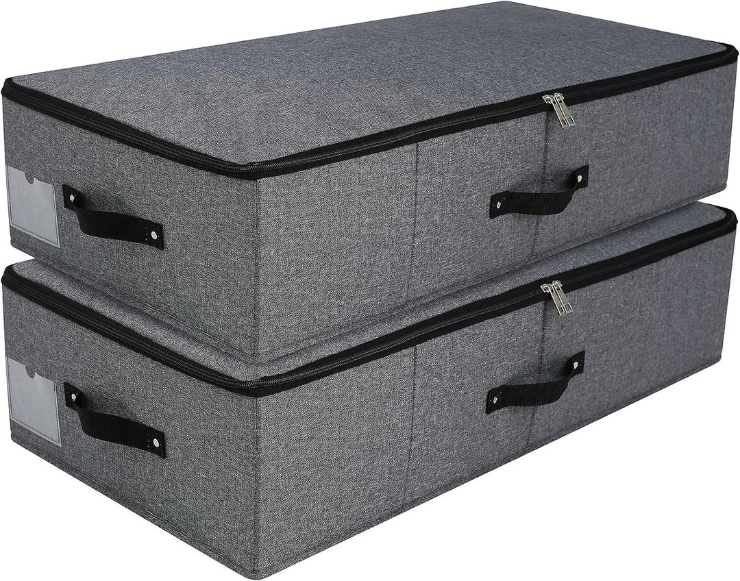 AMJ Foldable Under Bed Storage Basket Container [2 Pack] with Durable Fabric for Clothes, Shoes,Toys, Blanket, Comforter Organizers Bins, Black Grey