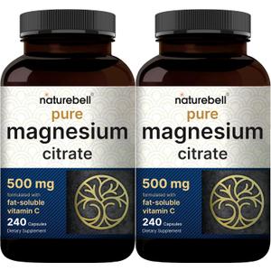 NatureBell 2 Pack Pure Magnesium Citrate 500mg, 480 Capsules | High-Purity Elemental Form | Non-GMO, Gluten-Free