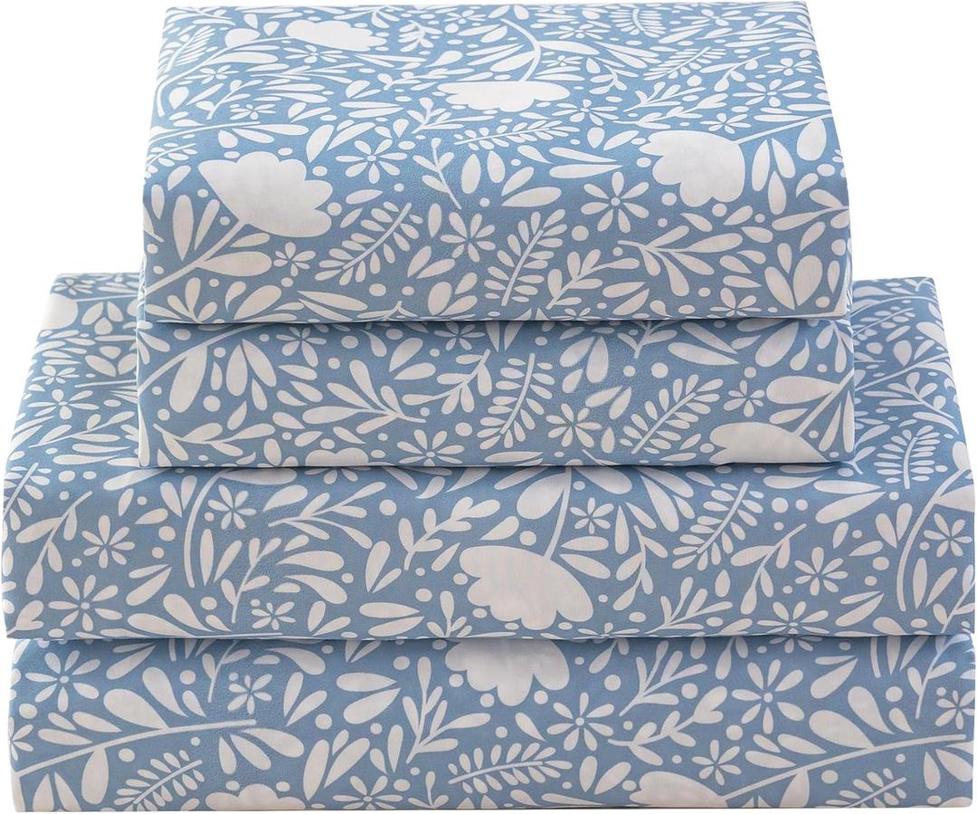Floral Bed Sheets Queen Size 18" Deep Pocket Queen Sheets Soft Breathable Floral Sheets Queen Size Bed Set with 1 Flat Sheet, 1 Fitted Sheet, 2 Pillowcases (Queen, Floral White and Blue)