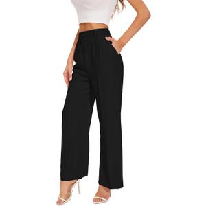 FUNYYZO Wide Leg Pants Women's High Elastic Waisted in The Back Business Work Trousers Long Straight Suit Pants (006# Black (Thin))