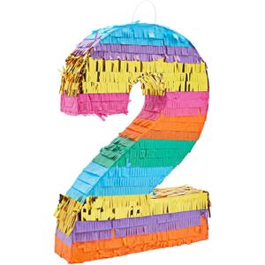 Number 2 Rainbow Pinata with Hanging Loop for Kids 2nd Birthday Party Decorations, Centerpiece Anniversary, Mexican Fiesta, Easy to Fill Label (11x3x16.5 in, Small)
