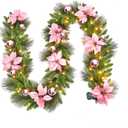 Garvee Pre-Lit Christmas Garland with LED Lights, Lighted Garland with Flower Cypress Leaves Christmas Ball, Indoor Outdoor Xtmas Decoration, 9 ft/ 108 in, Pink