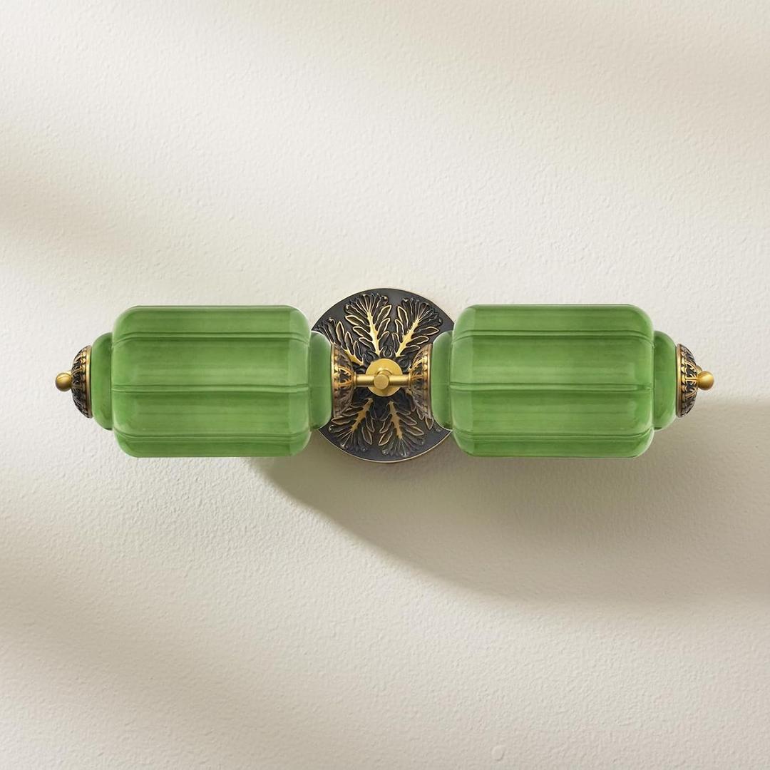 Vintage Bathroom Vanity Light, Antique Brass & Green, 2-Light | Milk Glass Sconce, Wall Sconce Lighting, For Bathroom Mirror, Hallway, Living Room, Bedroom, 7.5"H, 23.25"W