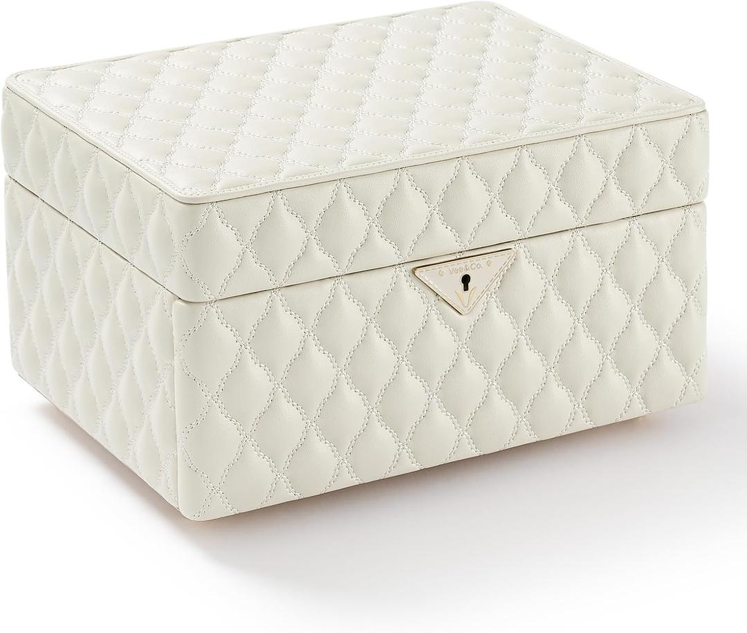 VEE&CO. Jewelry Box,Diamond Quilted Leather jewelry organizer earring holder organizer necklace organizer 2-Layer Jewelry Case with Drawers, with Key Lock,gifts for women (beige, Medium) (Medium-11.81*8.58*6.97in)