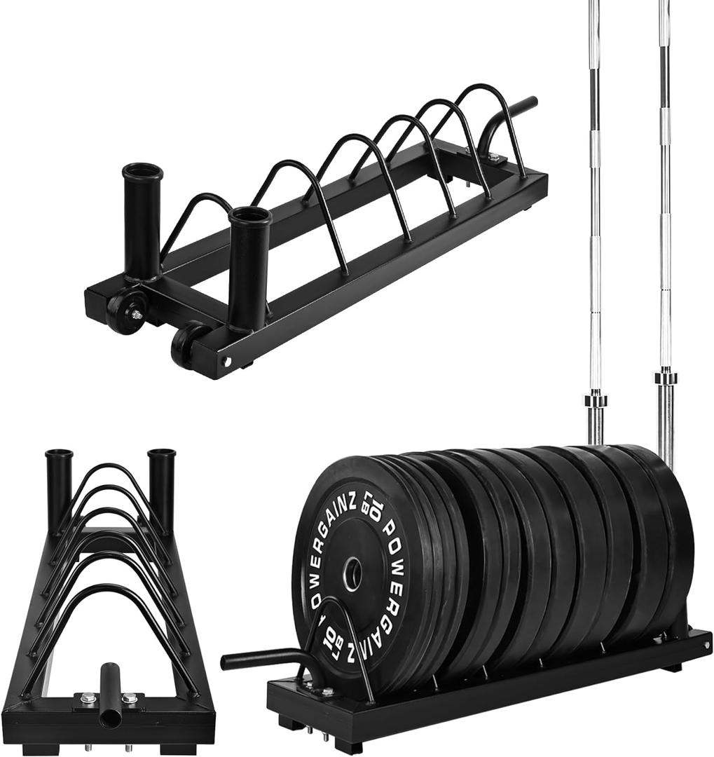 Fitvids Horizontal Plate and Olympic Bar Rack Organizer with Steel Frame and Transport Wheels, 5 Storage Spaces (Black)
