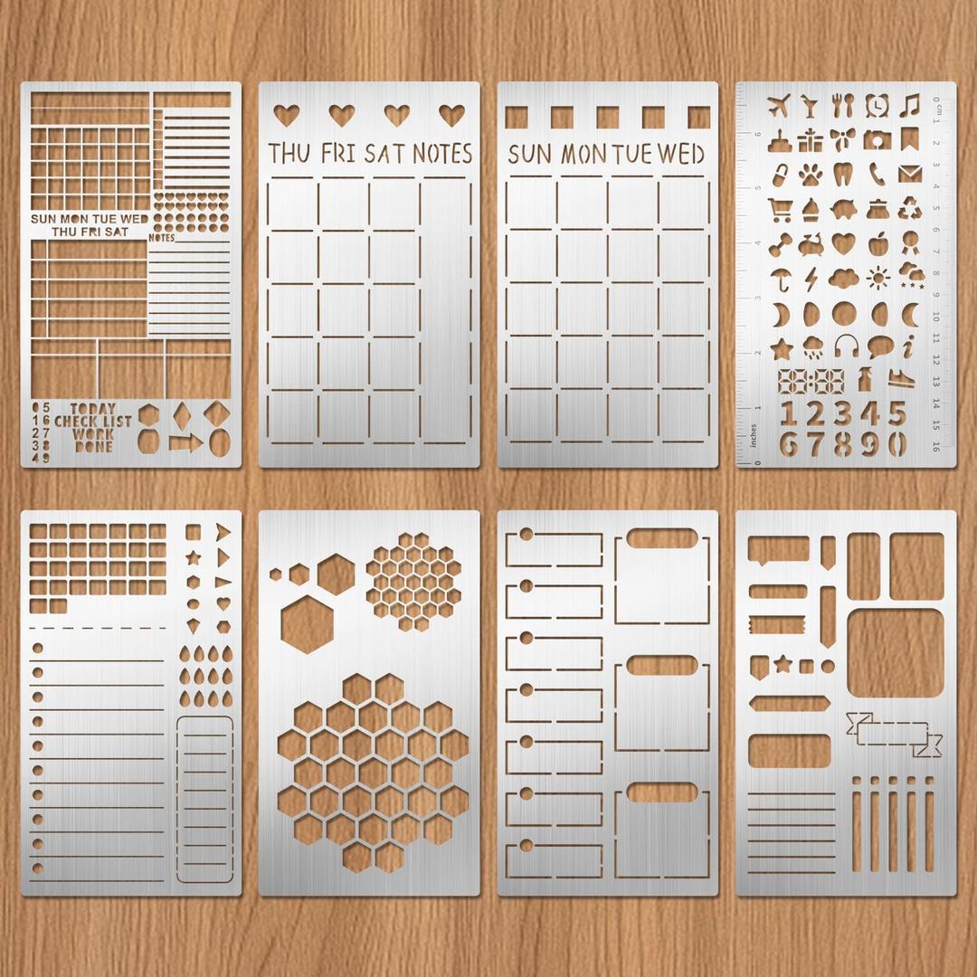 Eageus 8 Pcs Metal Stencils Wood Burning Stencil Lettering Stencils for Journaling, Reusable Painting Template for Wood Carving Drawing Engraving Journal Craft DIY(Journal Style)