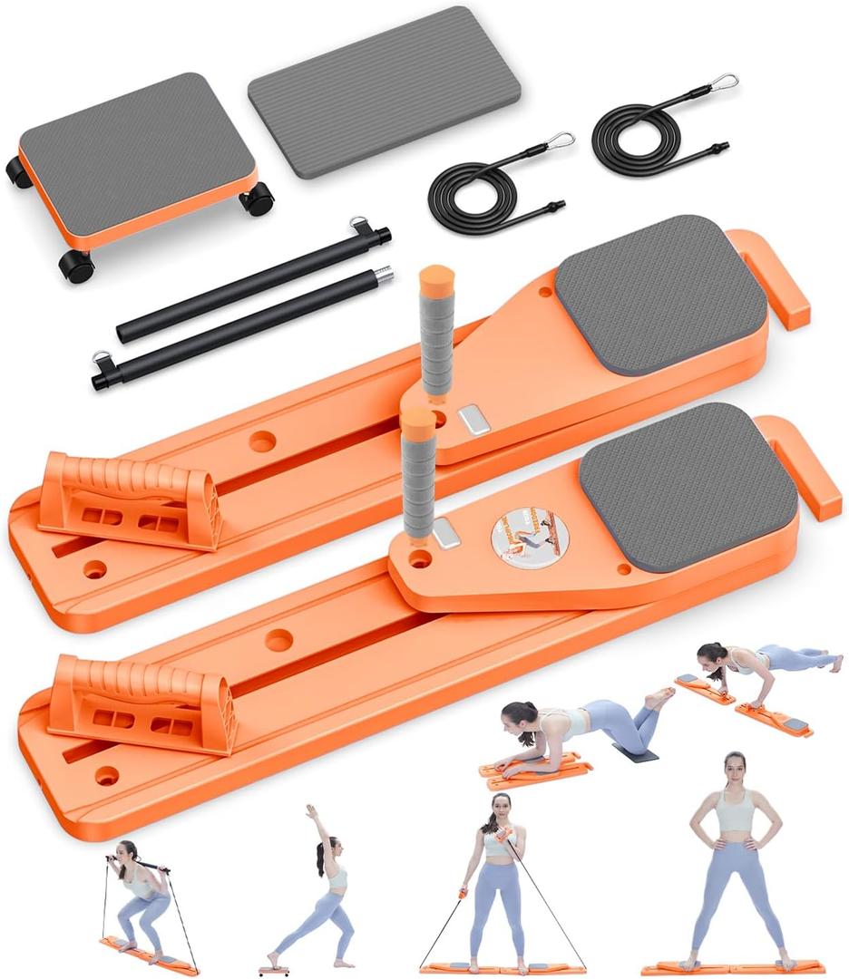 Pilates Board, 12 in 1 Mini Plilates Reformer Set, Multifuncional Portable Pilates Reformers Board for Home Workout, Free Combination 100+ Exercise Mode (Orange)