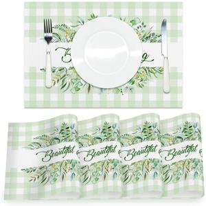 AOFOTO Green Plaid Placemats Set of 4 Beautiful Spring Leaves Printed Place Mats Washable Rectangular Table Mats for Party Home Kitchen Restaurant Dining Table Decor 12x18 Inch (Style 19-green)