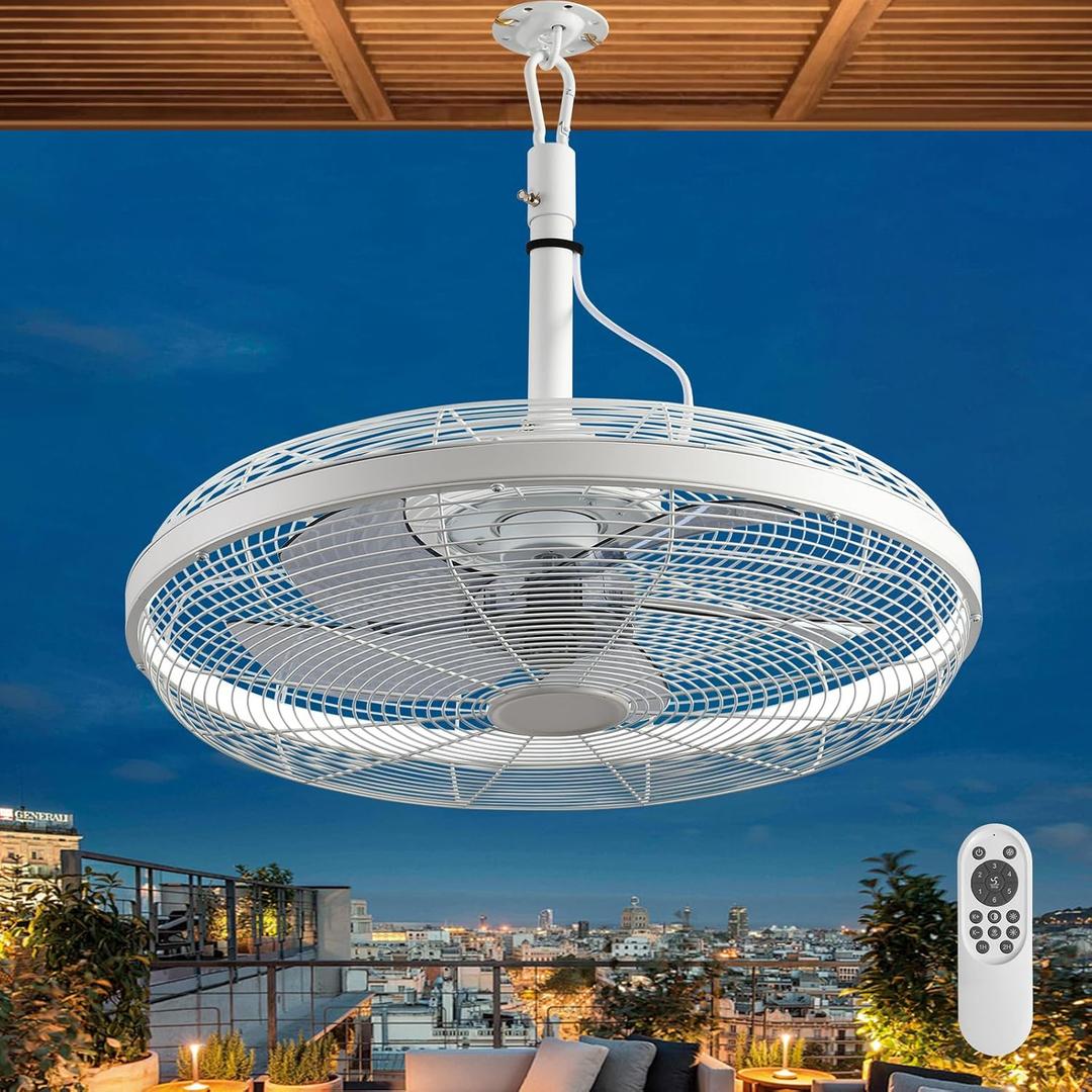 Outdoor Ceiling Fans with Lights, 20'' Gazebo Fan, Plug in Ceiling Fan for Patios, Pergola, Ceiling Fan with Remote Control, Hanging with Hook,White
