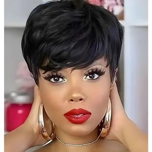 MOONSHOW Short Wigs for Black Women Black Pixie Cut Wig Short Layered Pixie Wigs for Black Women Natural Straight Wig with Bangs Synthetic Straight 1B Wig